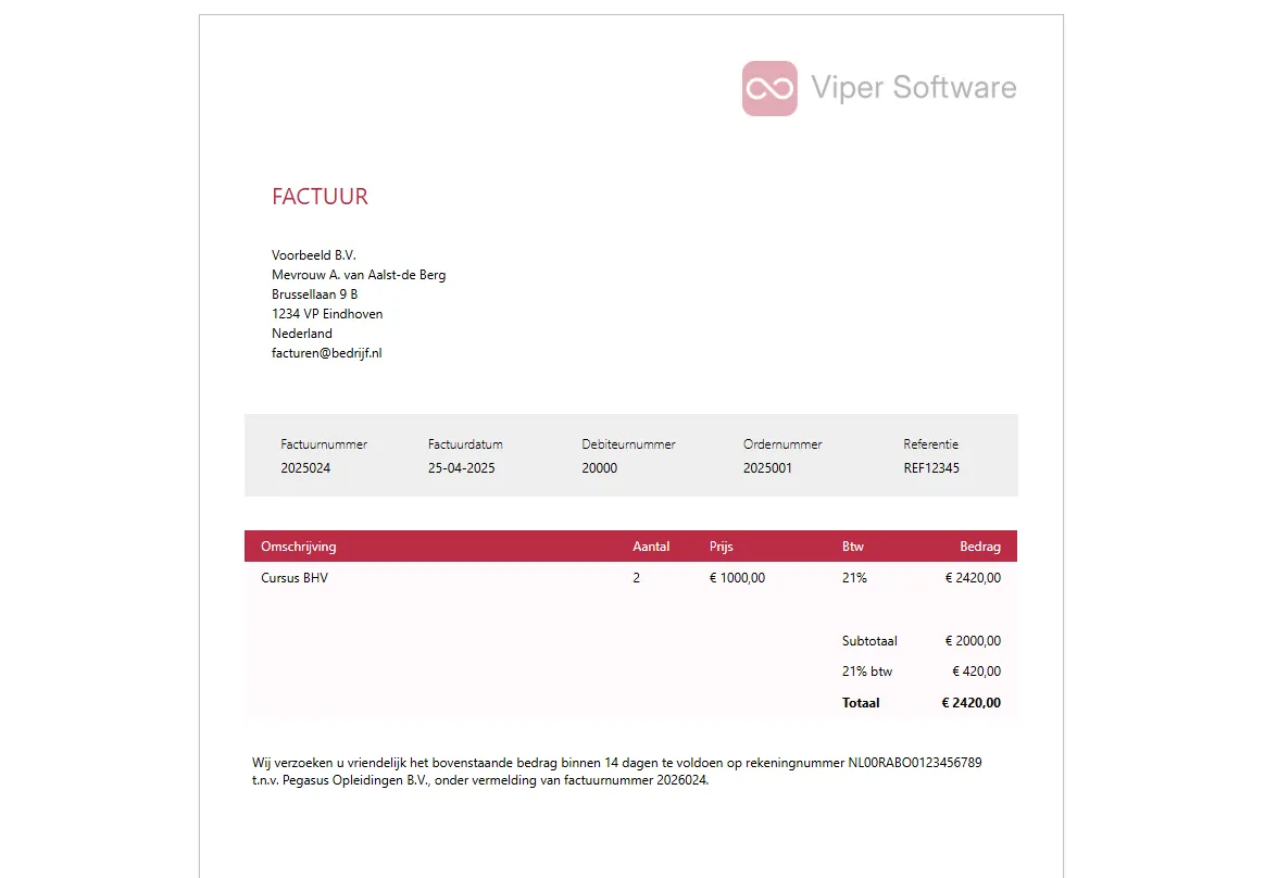 Factuur aanmaken in Viper cursusadministratie
