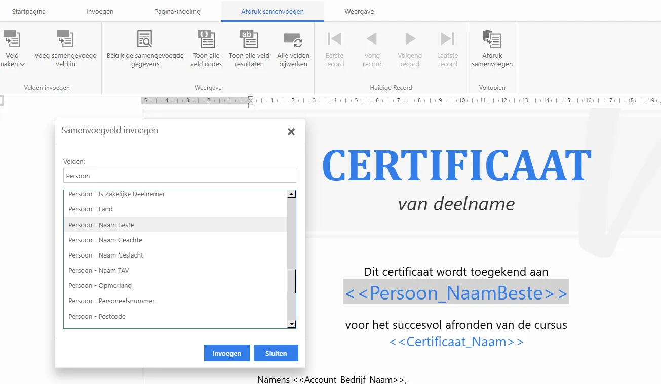 Certificaatsjabloon samenstellen met samenvoegvelden
