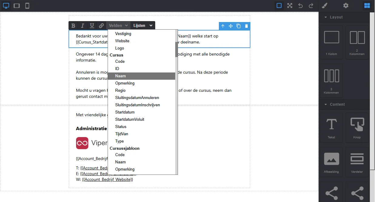 E-mailsjabloon samenstellen in Viper CRM