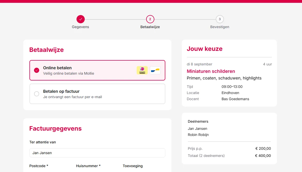 Online betalen bij een inschrijving in Viper